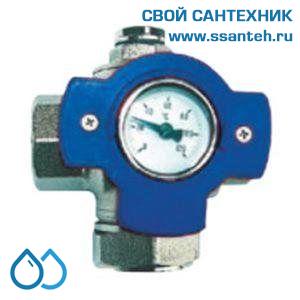 14743 HERZ 1241503 Кран шаровой трехходовой с отводами для промывки и слива, 1",  PN25, 120°С, с термометром синий